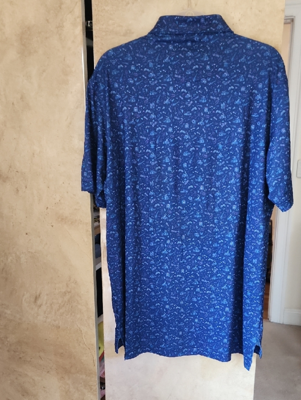 SALE!- Men's Peter Millar Navy Blue Printed Short-Sleeve Polo with Seahorse Logo - Picture 4 of 6